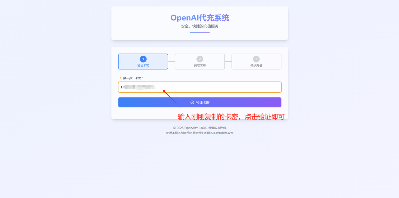 将购买的卡密粘贴到输入框