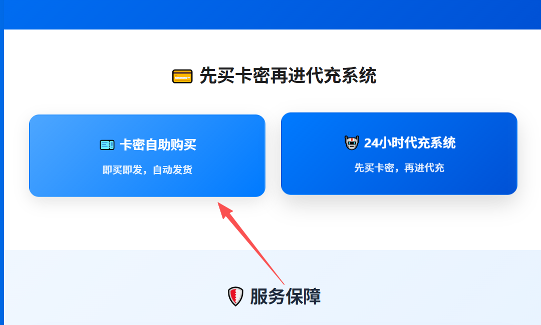 网站首页，突出“卡密自助购买”按钮